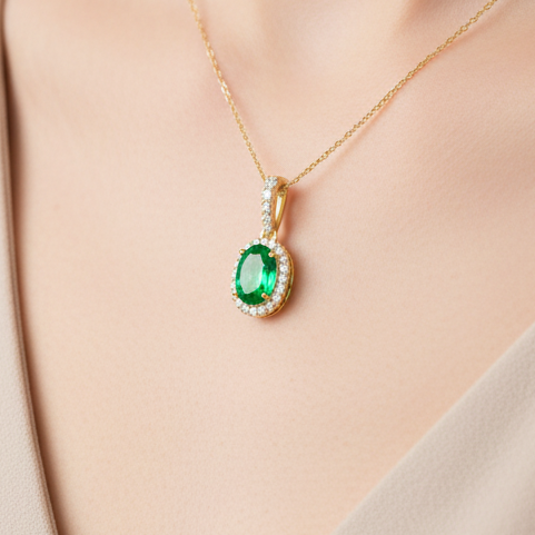 14K Solid Gold Genuine Emerald Halo Diamond Necklace