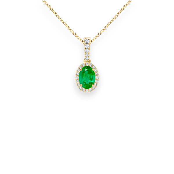14K Solid Gold Genuine Emerald Halo Diamond Necklace